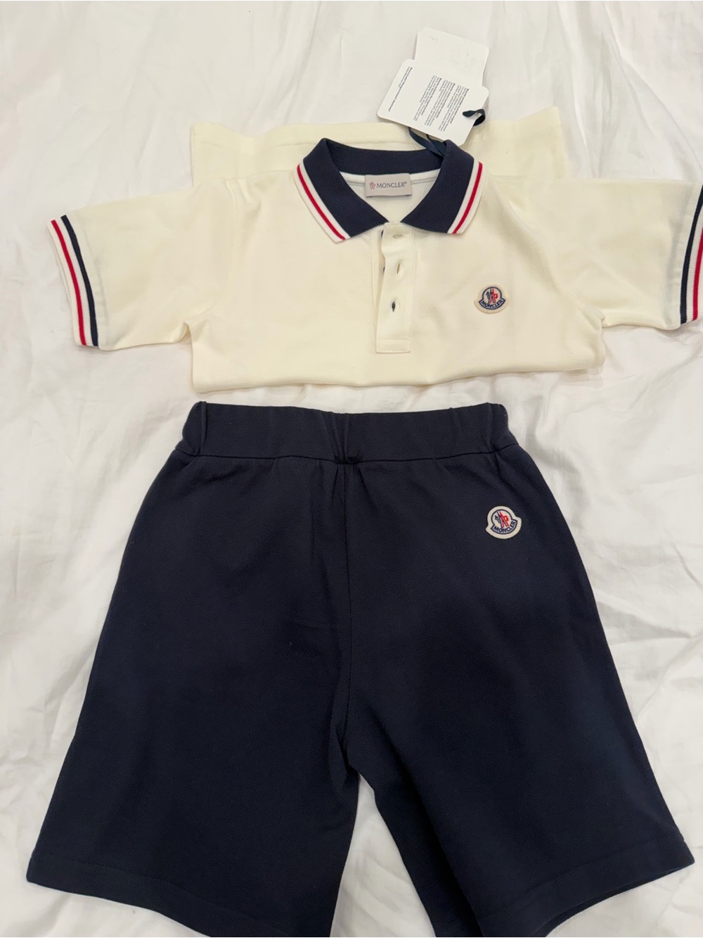 Moncler Kids Cream Polo with Navy Shorts